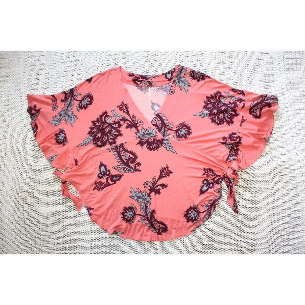 Free People Maui Wowie Paisley Flowy Blouse Size M/oversize Pink Top Casual